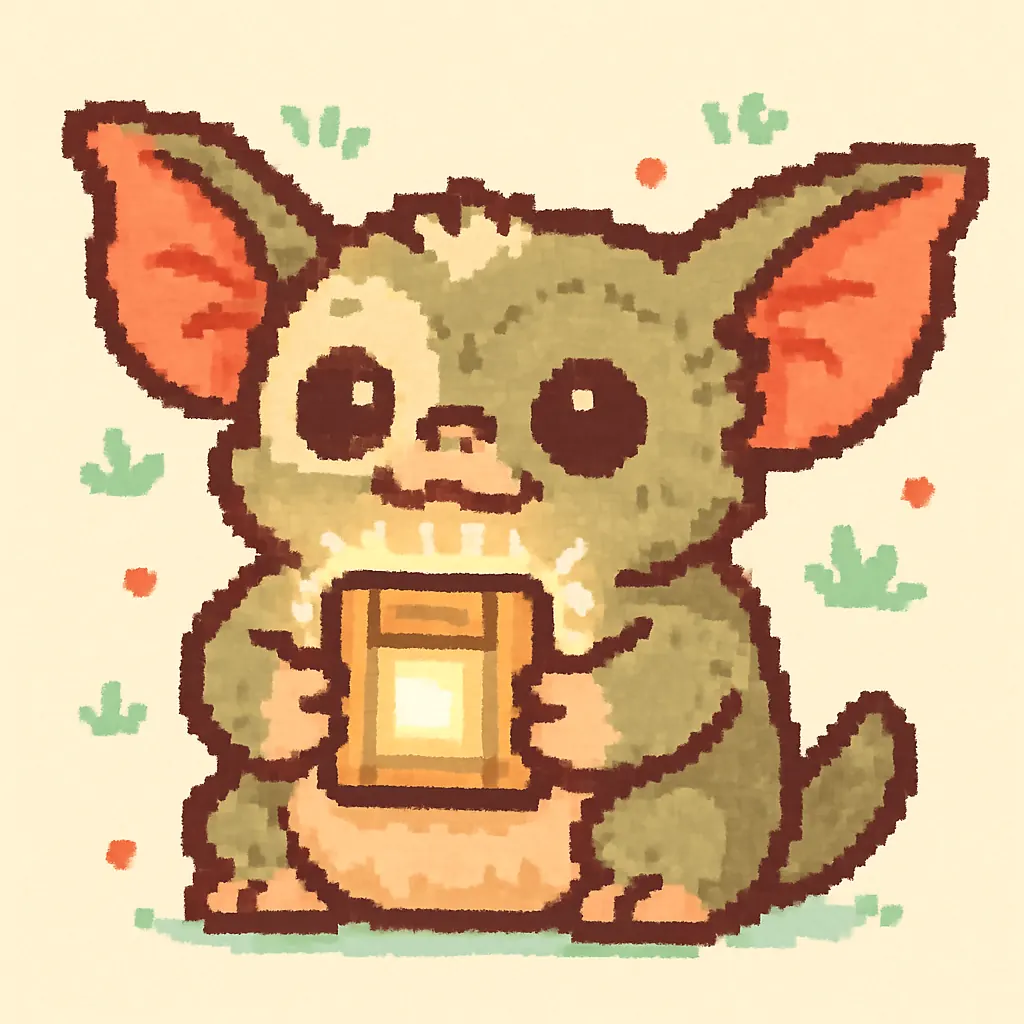 Pixel gremlin holding a game cartridge