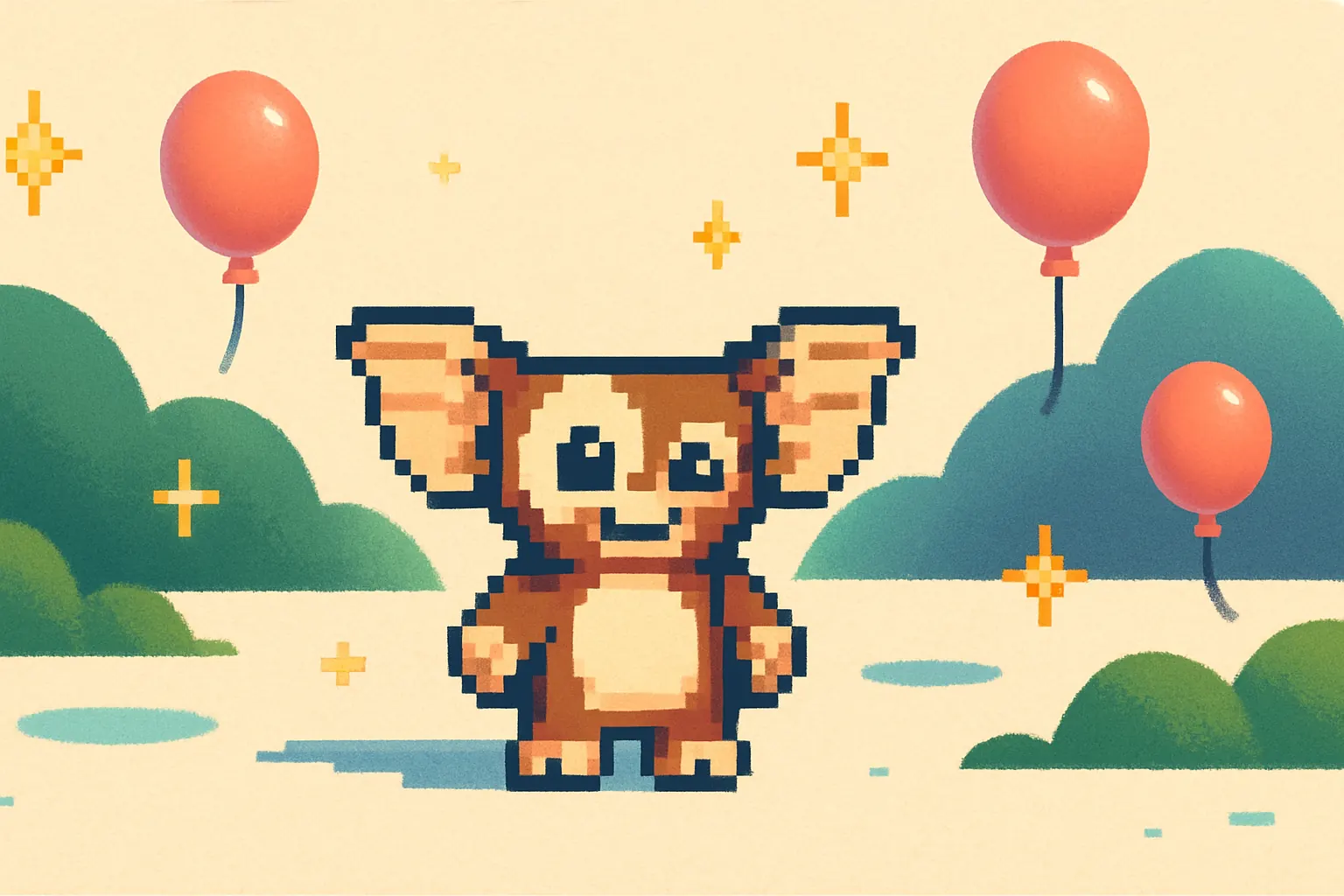 Pixel gremlin on a bright playful playground